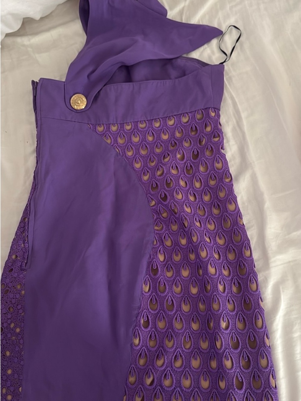 Versace for H&M Purple Asymmetrical Lace-Panel Dress with Gold Button